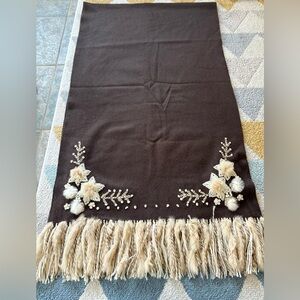 Stunning Mitchie’s Cashmere Brown Wrap Scarf Floral Embroidery Rabbit Fur Trim